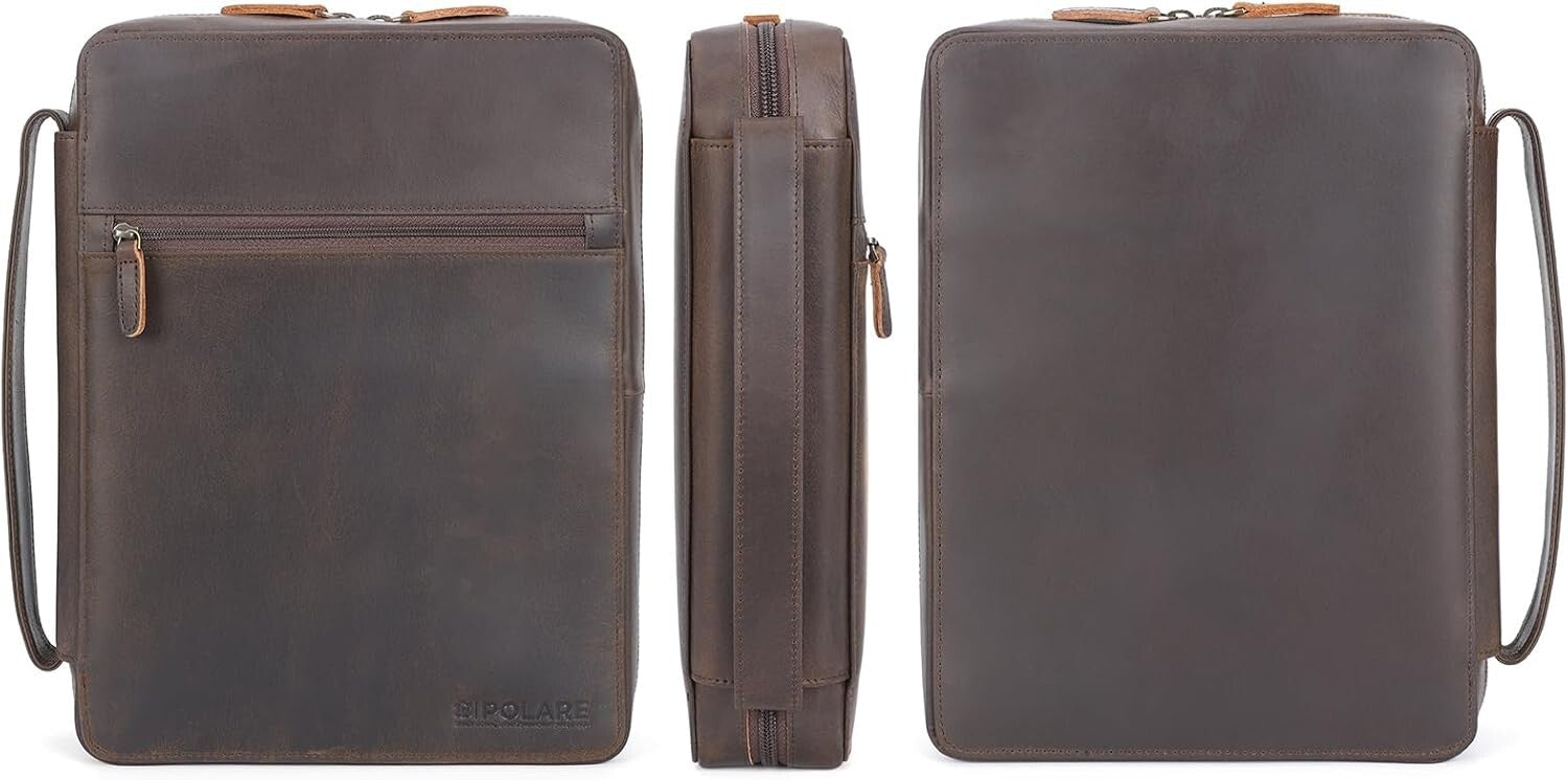 Luxurious Leather Bible Carrying Case Organizer with Zipper Closure - Dark Brown