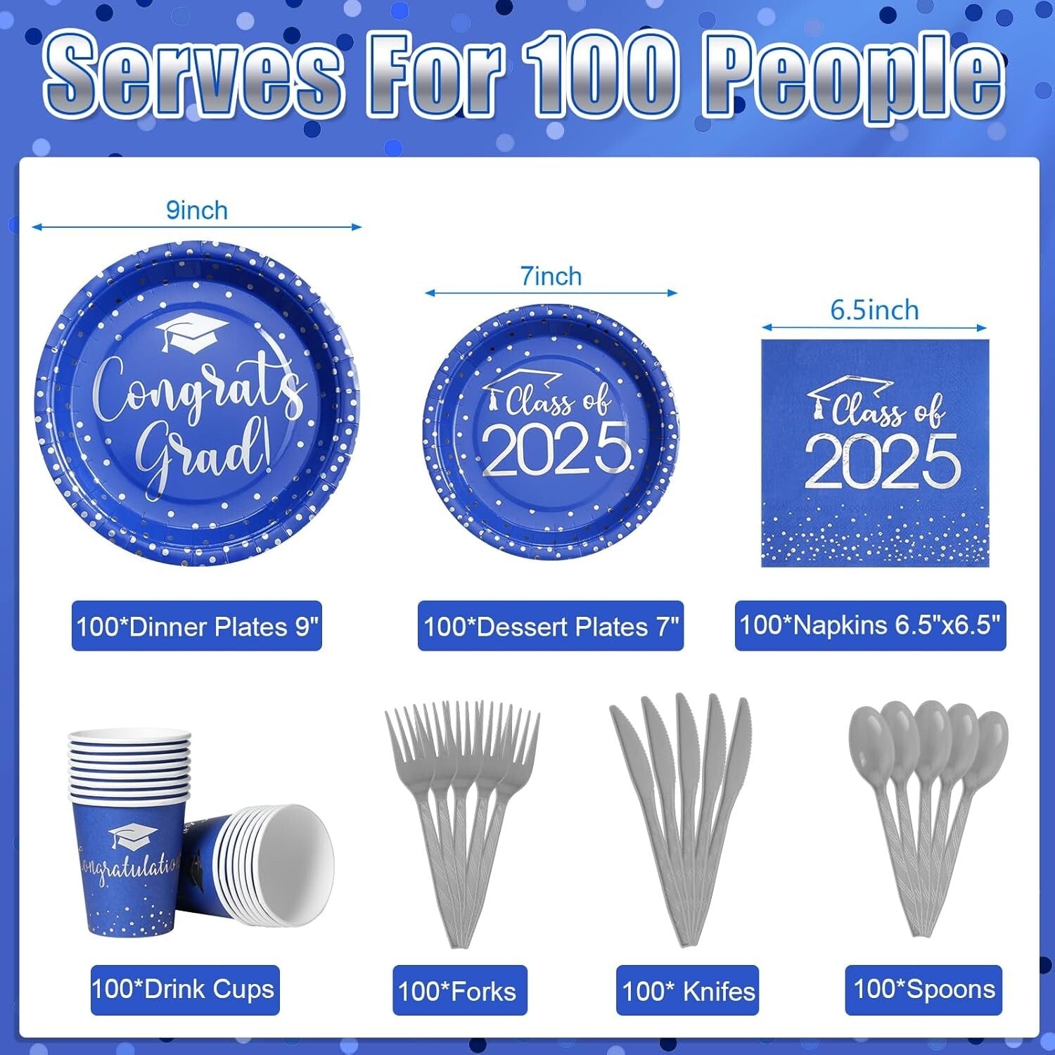 Elegant Blue & Silver Graduation Plate and Napkin Set for Class of 2025 Parties