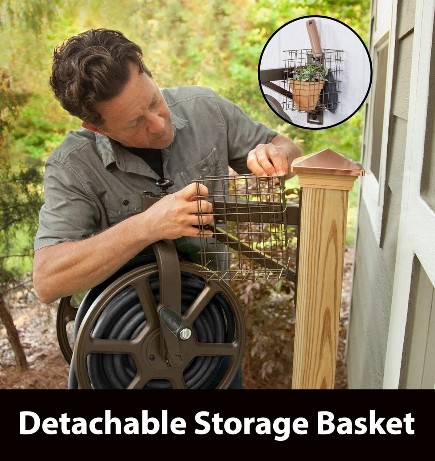 Rotating Bronze Hose Reel Holds 125ft Hose: Garden Essentials for Neat Storage
