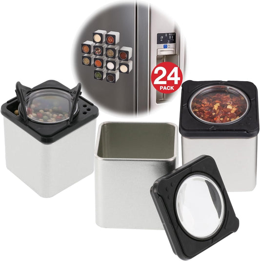 Stylish Magnetic Spice Containers - 24 Glass Jars with Easy Open Lids