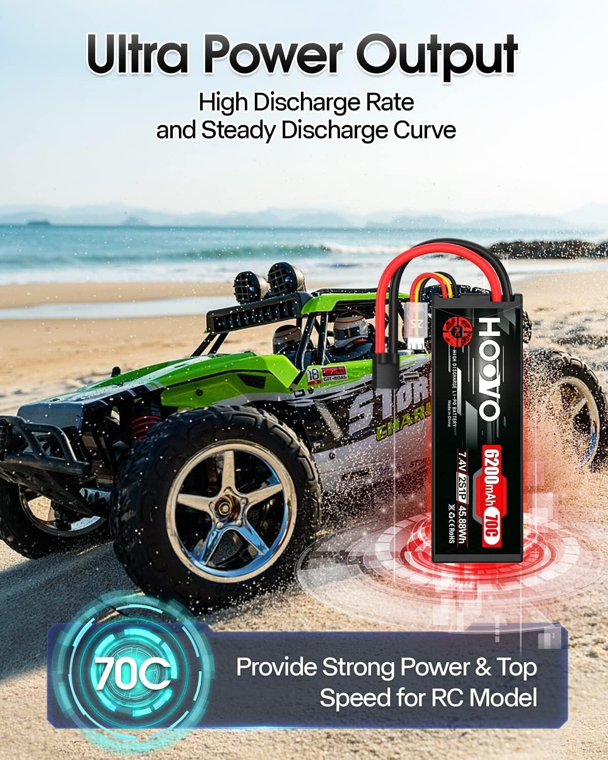 7.4V 6200mAh 2S Lipo Battery with Tracxas Plug - Perfect for RC Cars & Drones