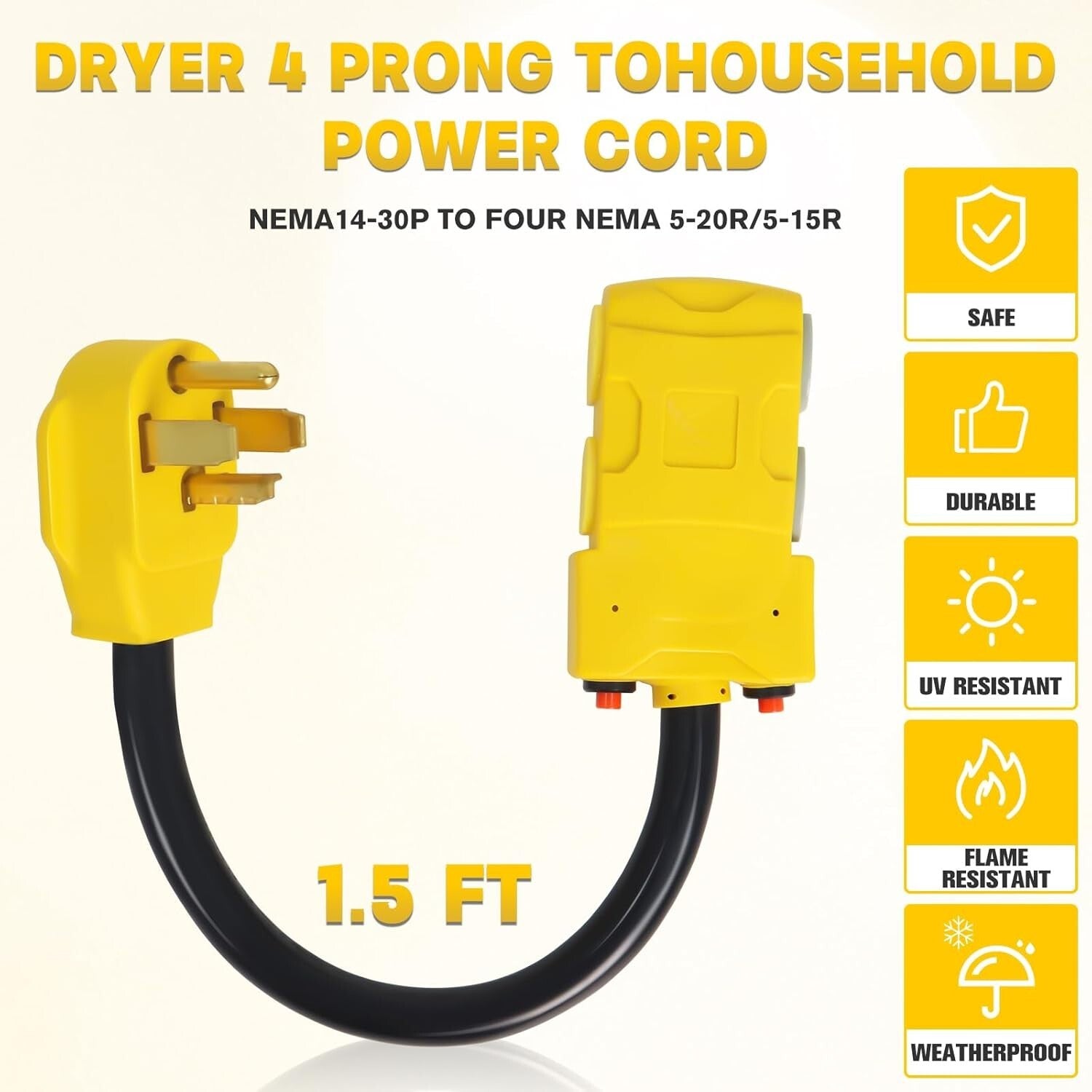 220V to 110V 4-Prong Dryer Distribution Adapter with 2 Circuit Breakers
