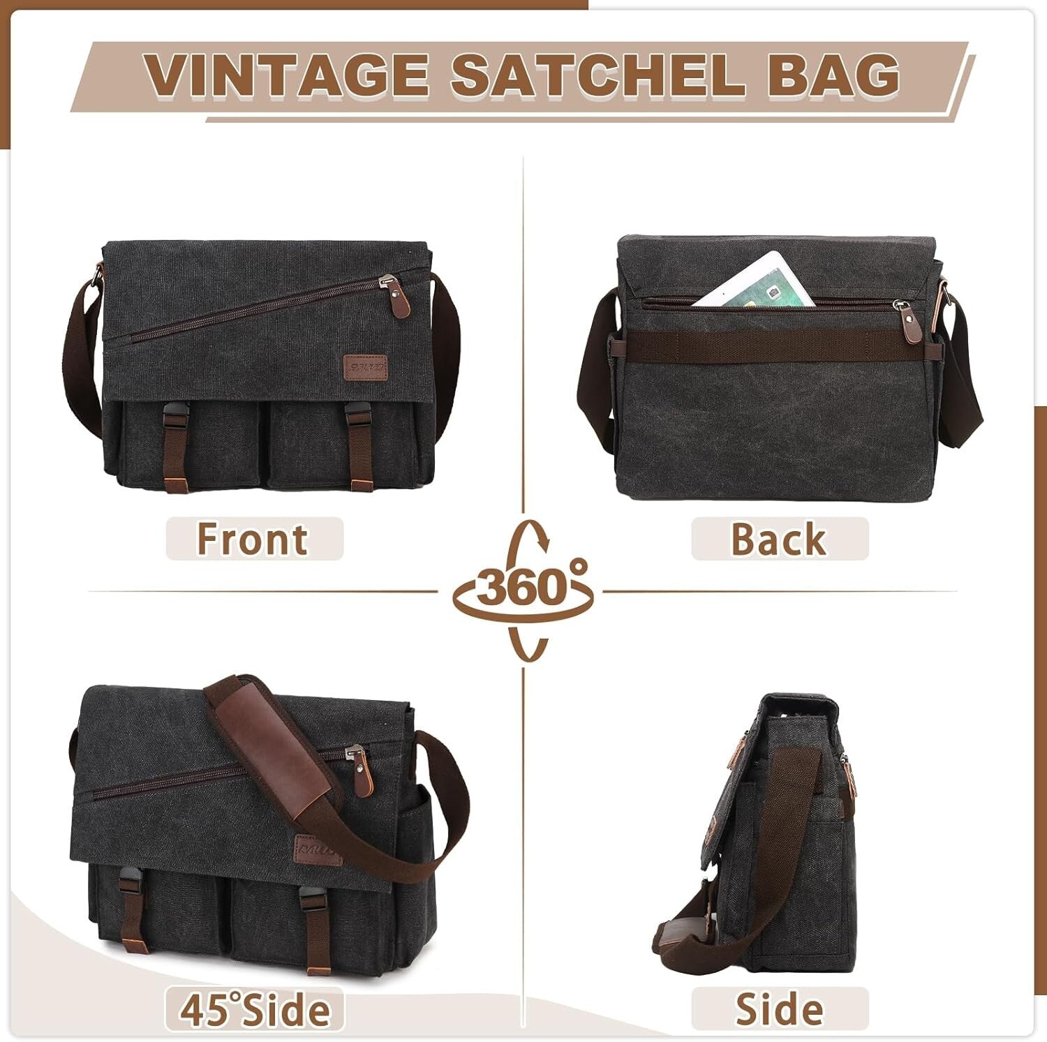 Water-Resistant Canvas Messenger Bag with Anti-Theft Design for 14-17" Laptops