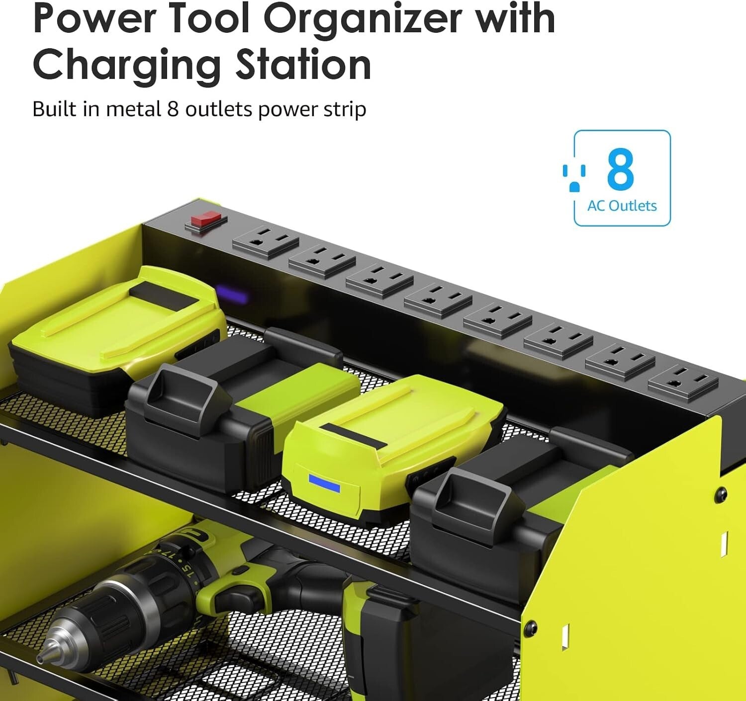 Efficient Power Tool Wall Organizer with 4 Slots, Hooks, and Surge Protection