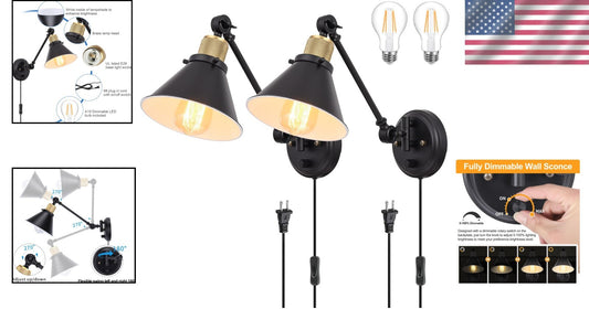 Elegant Dimmable Swing Arm Wall Sconce Set - UL Listed, 2 LED Bulbs Included