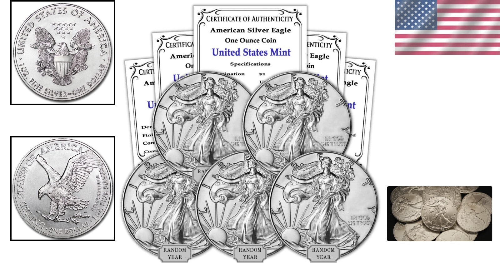 1986-Present Lot of 5 Brilliant Uncirculated Silver American Eagles - 1 oz Each
