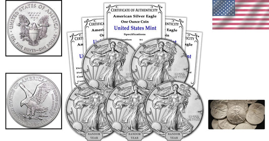 1986-Present Lot of 5 Brilliant Uncirculated Silver American Eagles - 1 oz Each