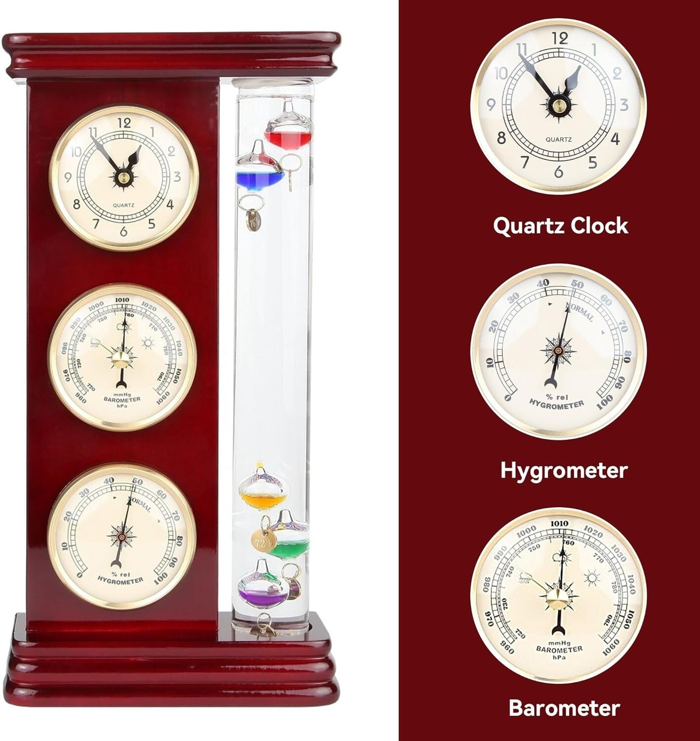 Classic Gold Weather Station with Galileo Thermometer & Multi-Colored Spheres