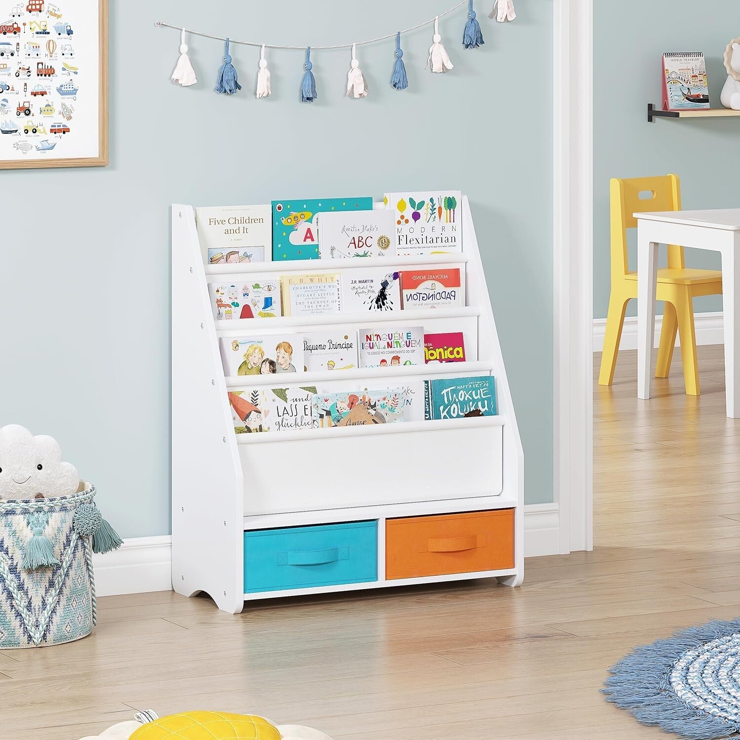 Montessori-Style Kids Bookshelf with 2 Removable Bins for Easy Accessibility
