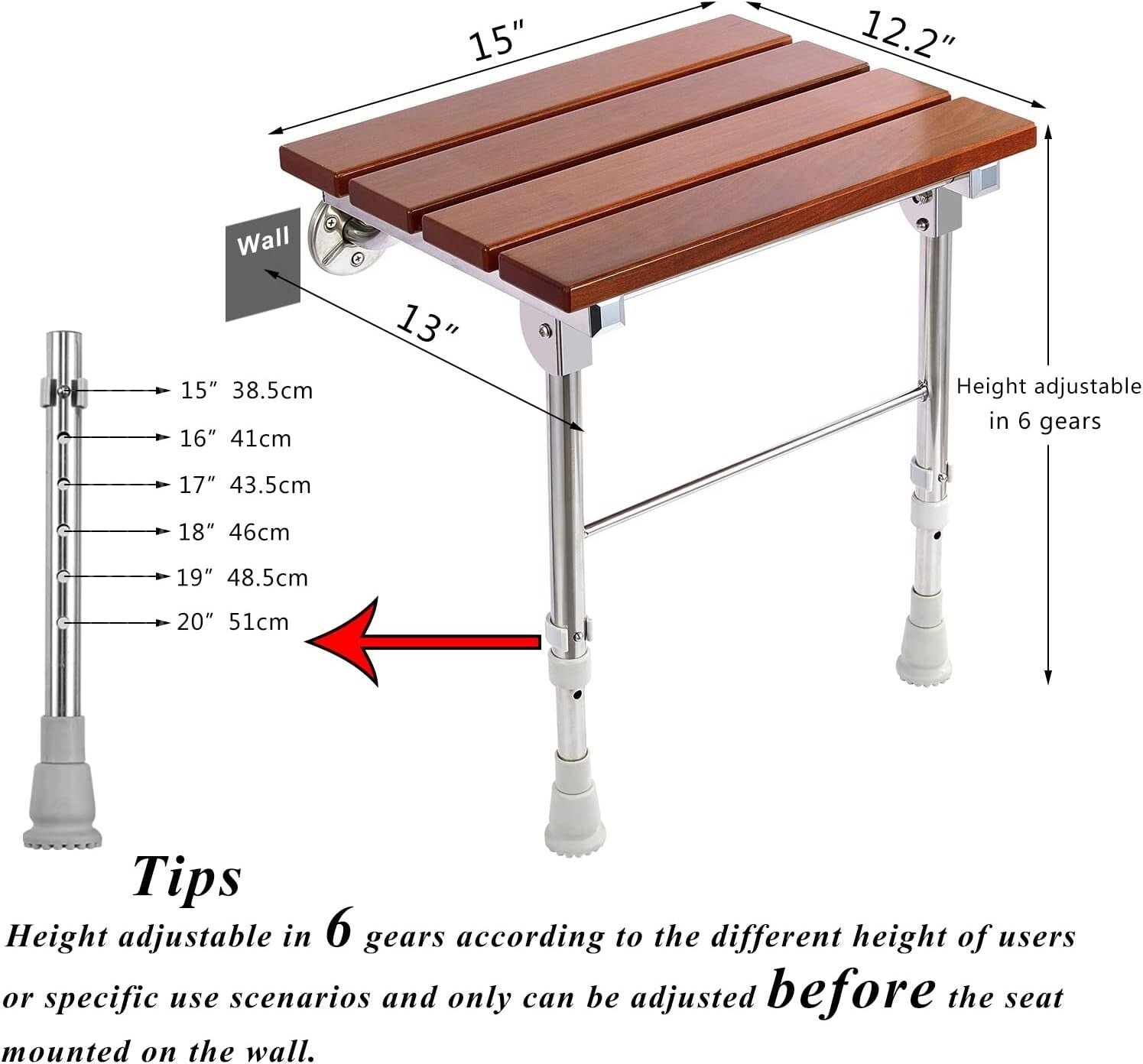 Height Adjustable Folding Shower Seat Wall-Mounted with Legs for Small Spaces