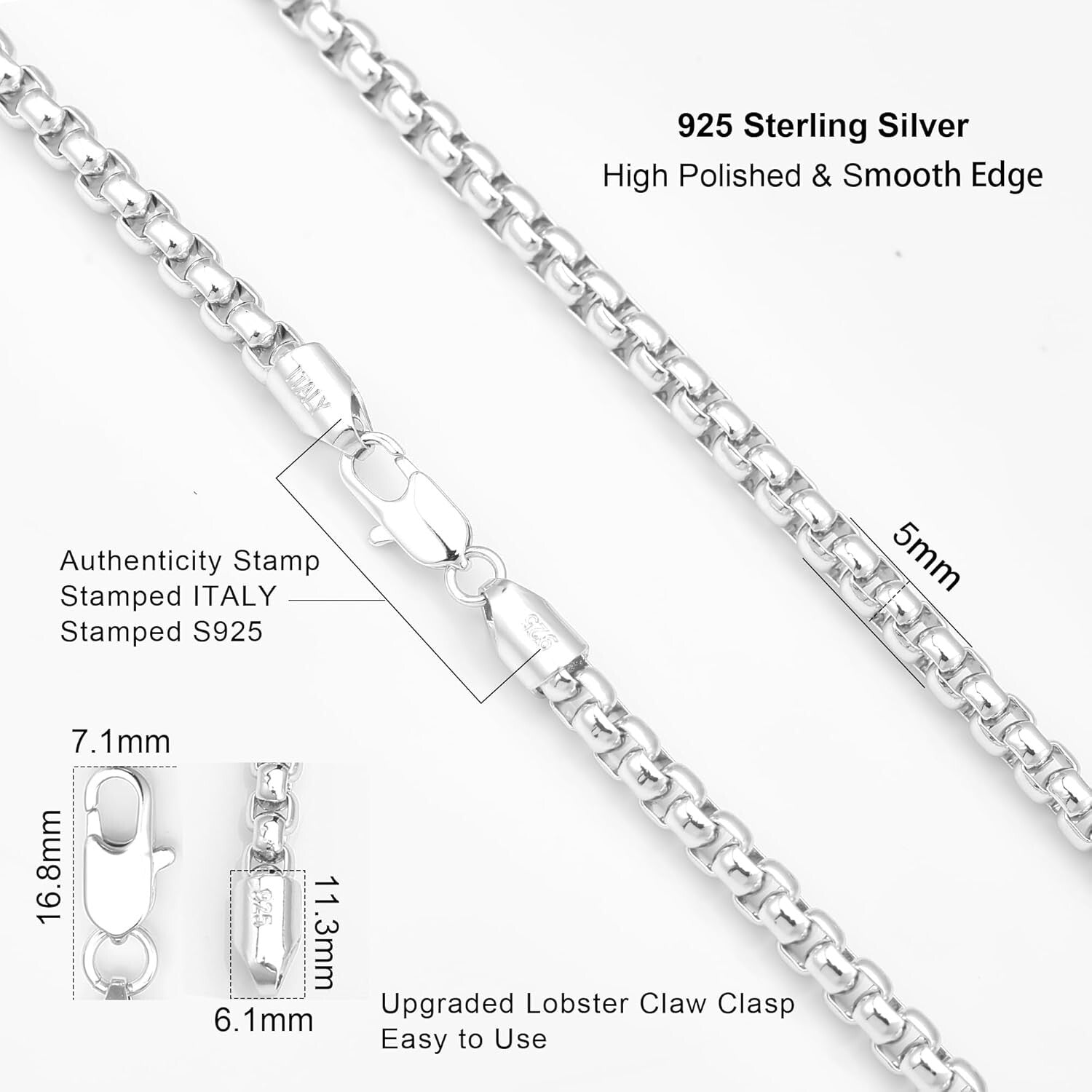 5mm 925 Sterling Silver Box Chain Necklace with Lobster Clasp - Unisex 16-30in
