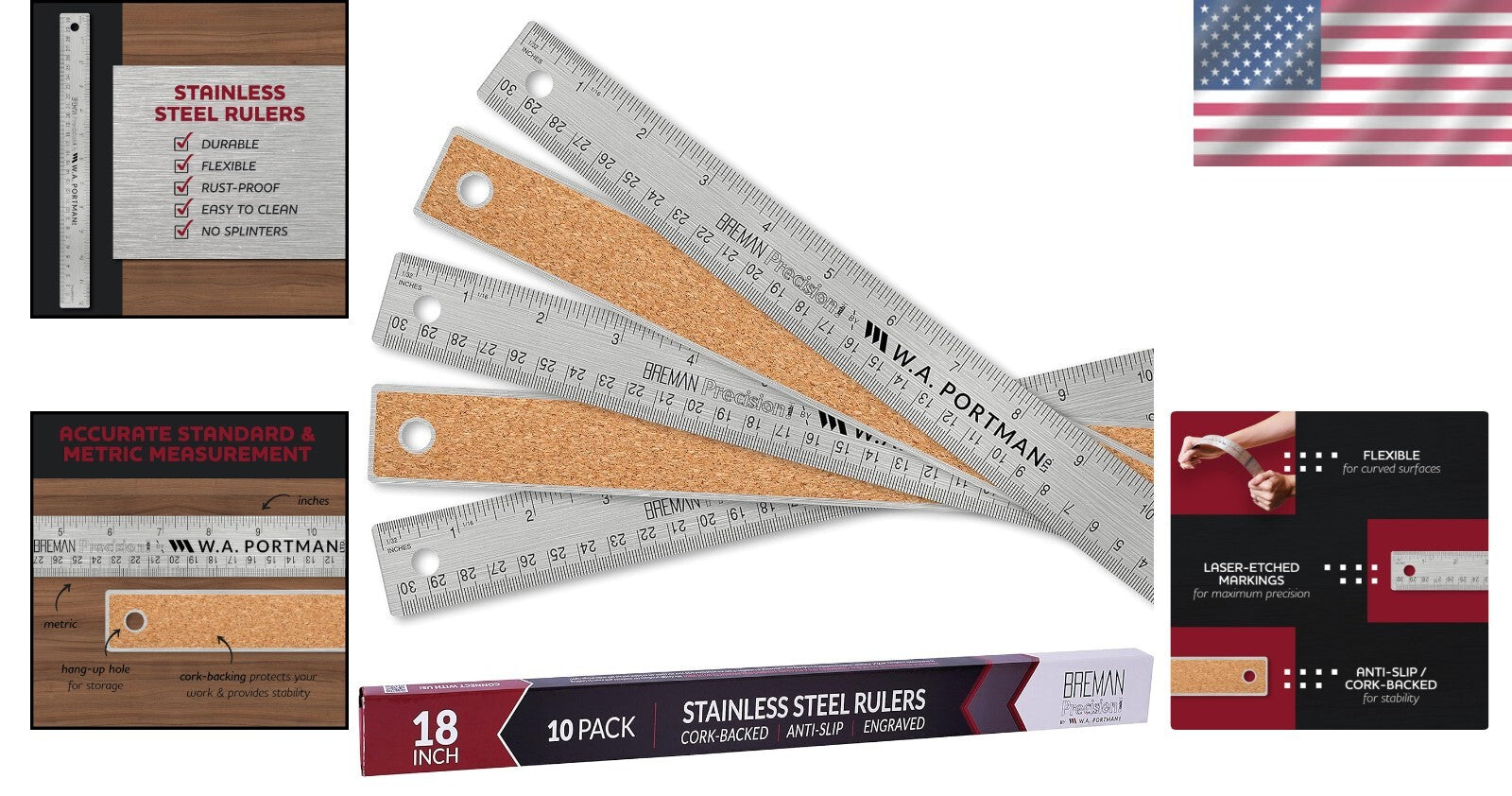 Durable 10-Pack 18 Inch Cork-Backed Metal Rulers for Accurate Measuring