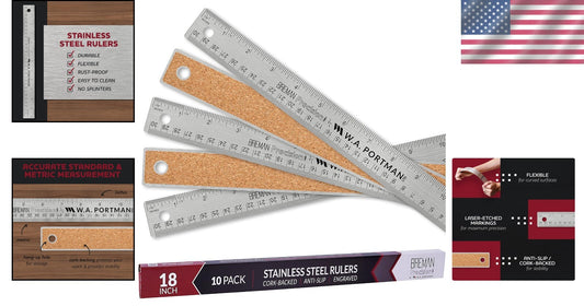Durable 10-Pack 18 Inch Cork-Backed Metal Rulers for Accurate Measuring