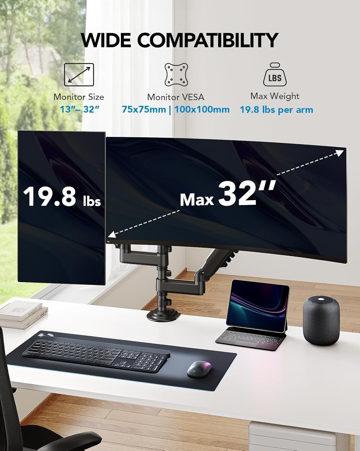 Ergonomic Dual Display Monitor Stand - Tilt/Swivel/Rotate for Optimal Viewing