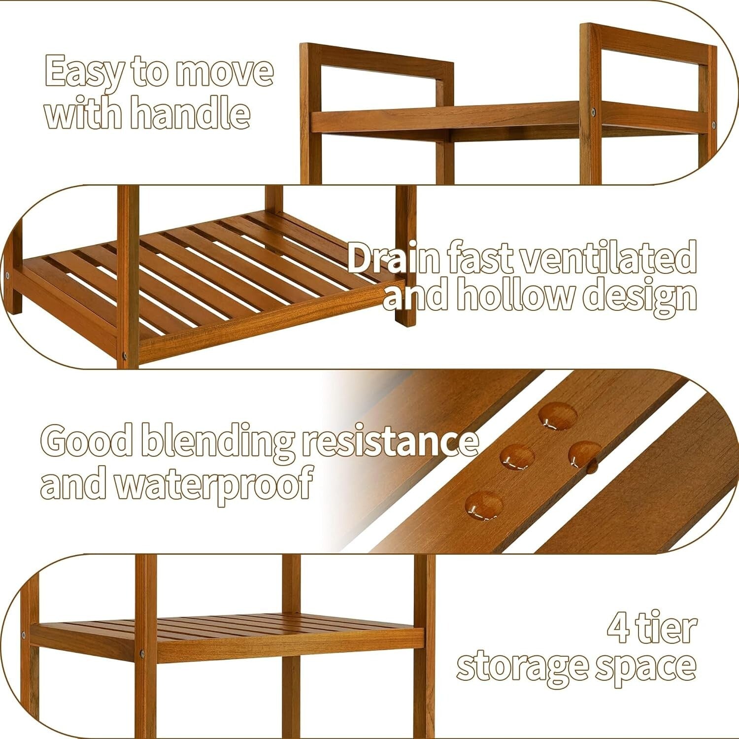 Elegant Freestanding Teak 4-Tier Bathroom and Kitchen Shelf - Easy Assembly