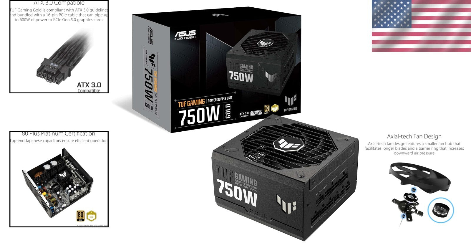 Efficient 750W TUF Power Supply - 80+ Gold Certified with Dual Ball Bearing Fan