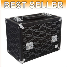 Load image into Gallery viewer, Lightweight 4-Tray Cosmetic Organizer with Locking Latches - Black Lace Design