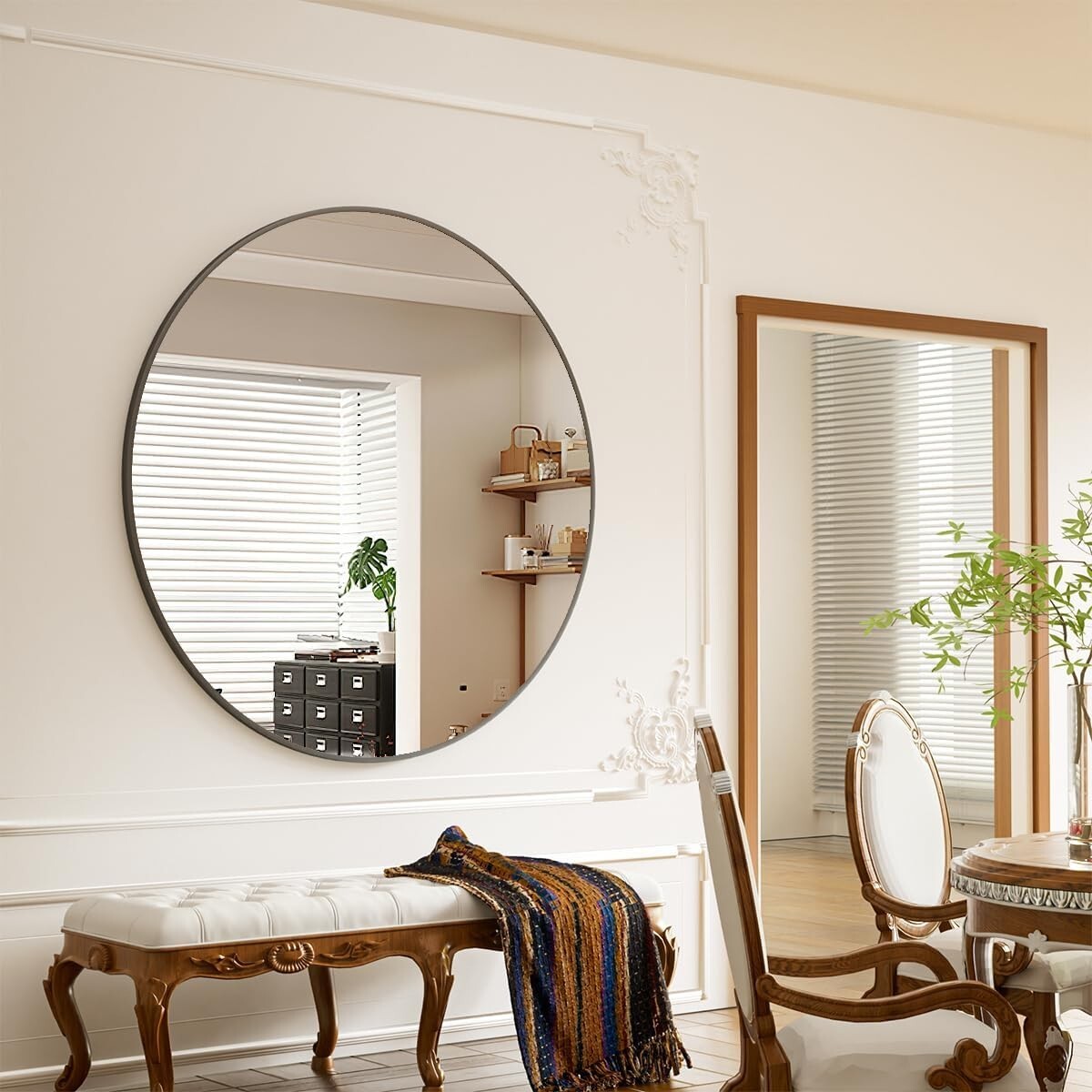 42-Inch Round Wall Mirror - Elegant Black Aluminum Frame for Versatile Decor