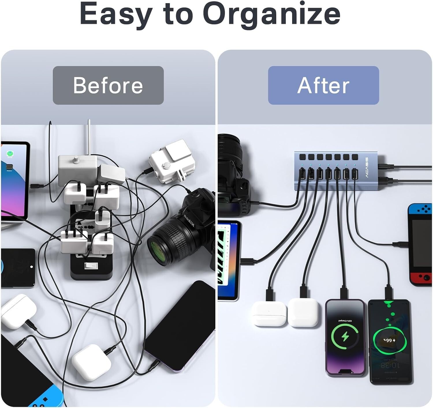 Powered USB 3.1 Hub: 7 High-Speed Ports with Switches for Safe Charging Needs