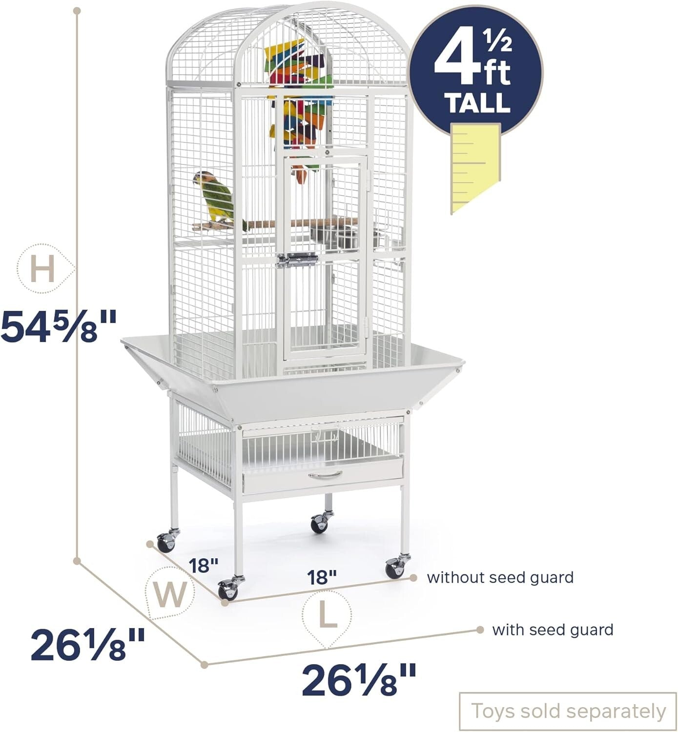 Chalk White Wrought Iron Bird Cage with Rounded Seed Guards and Rolling Stand