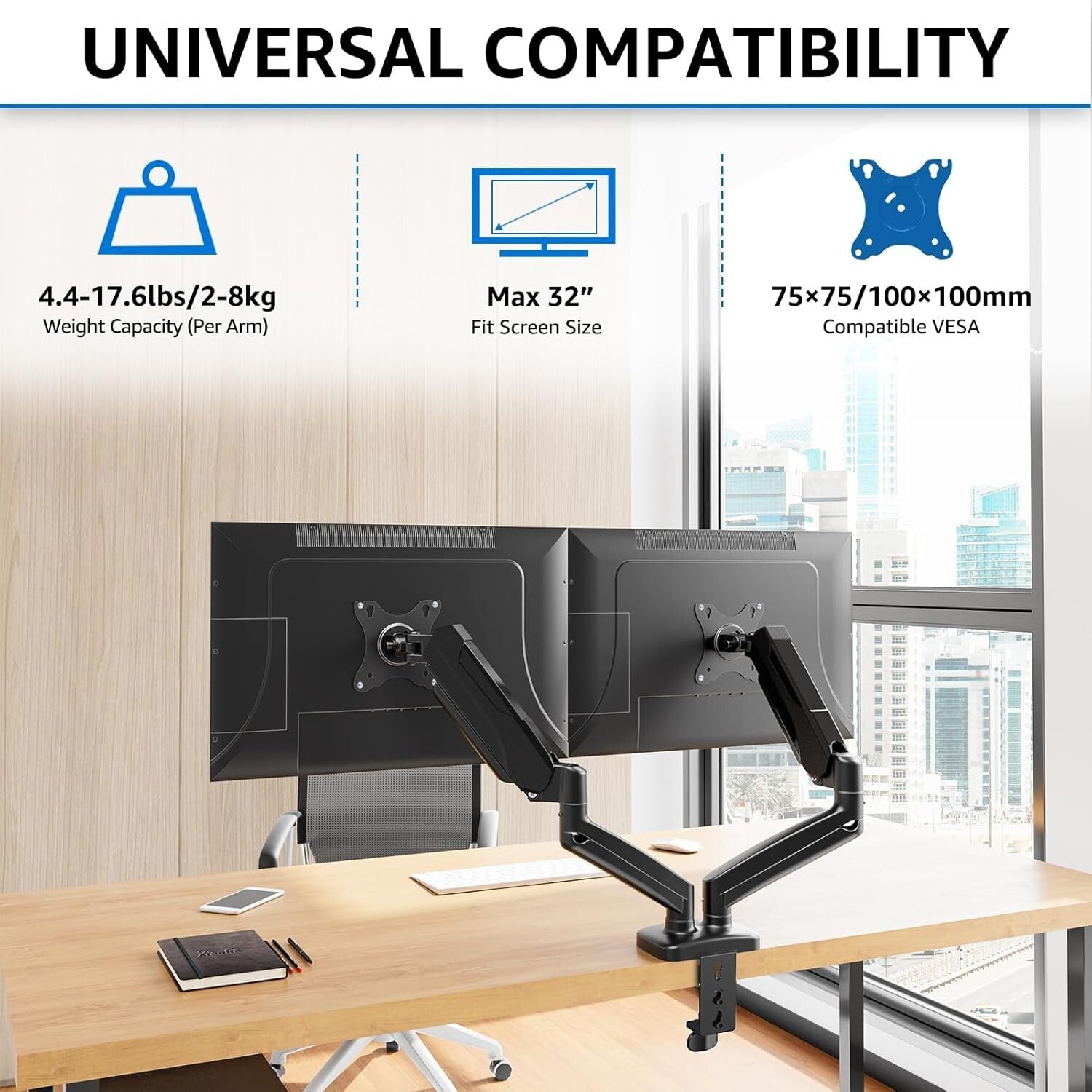 Height Adjustable Dual Monitor Arm with C-Clamp & Grommet Base - Black, Max 32"