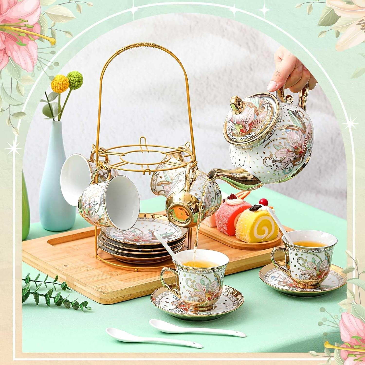 Exquisite Ceramic Tea Set - 20 Pcs with Gold Accents for Elegant Gatherings