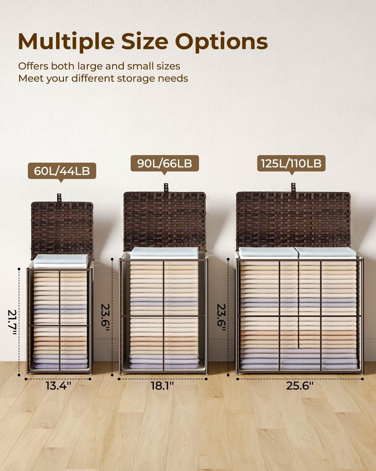 Chic Brown Laundry Basket with Lid & 2 Washable Bags - 90L Stylish Storage