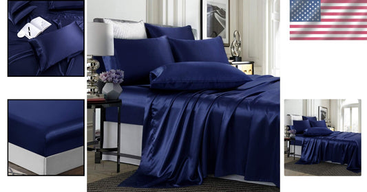 6-Piece Navy Blue King Size Satin Sheet Set - Deep Pocket & Luxurious Comfort