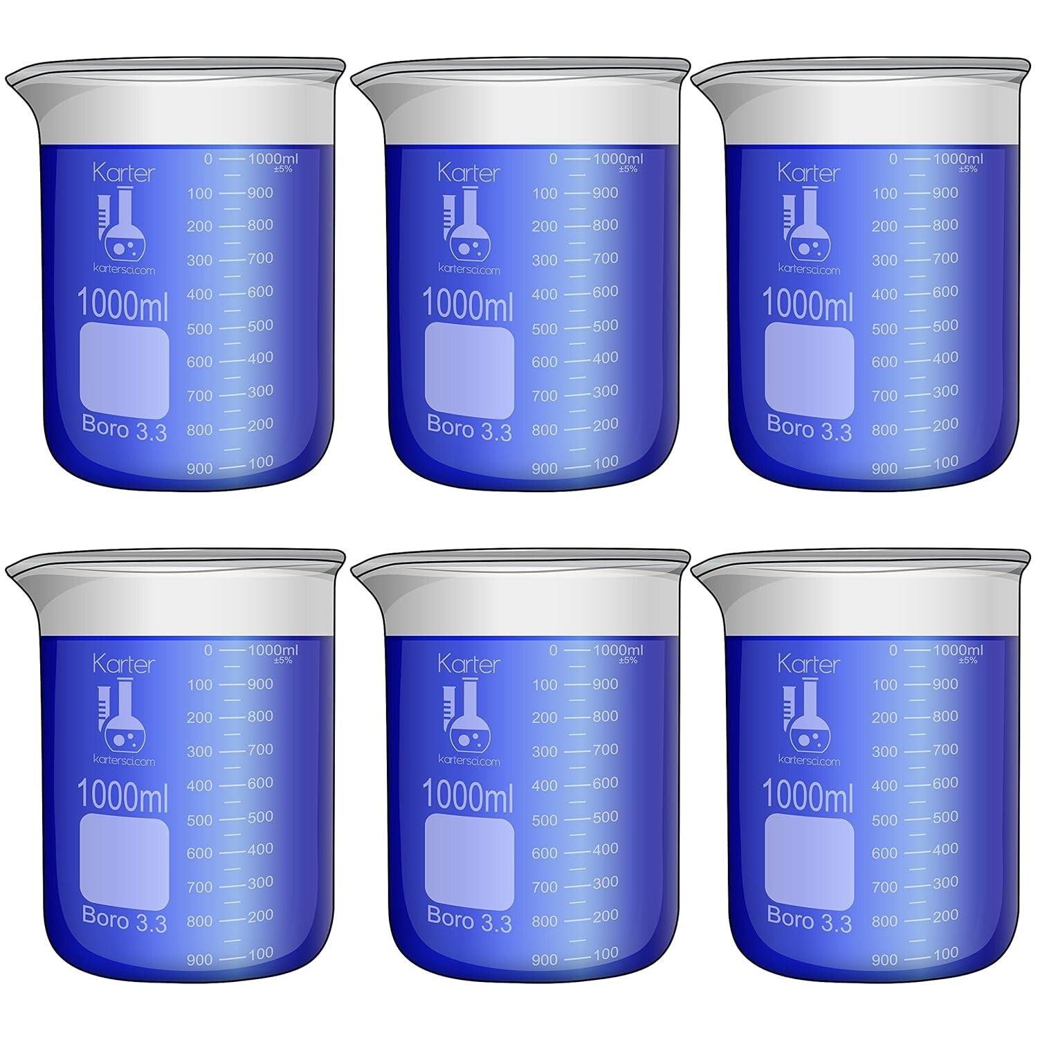 Pack of 6 Borosilicate 3.3 Graduated 1000ml Beakers for Accurate Measurements