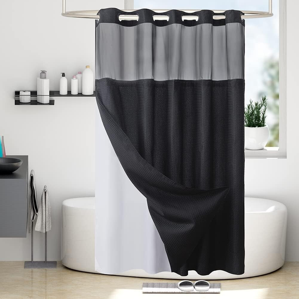 Luxury Black Shower Curtain with Mesh Top & Removable Liner – 96 Inch Length