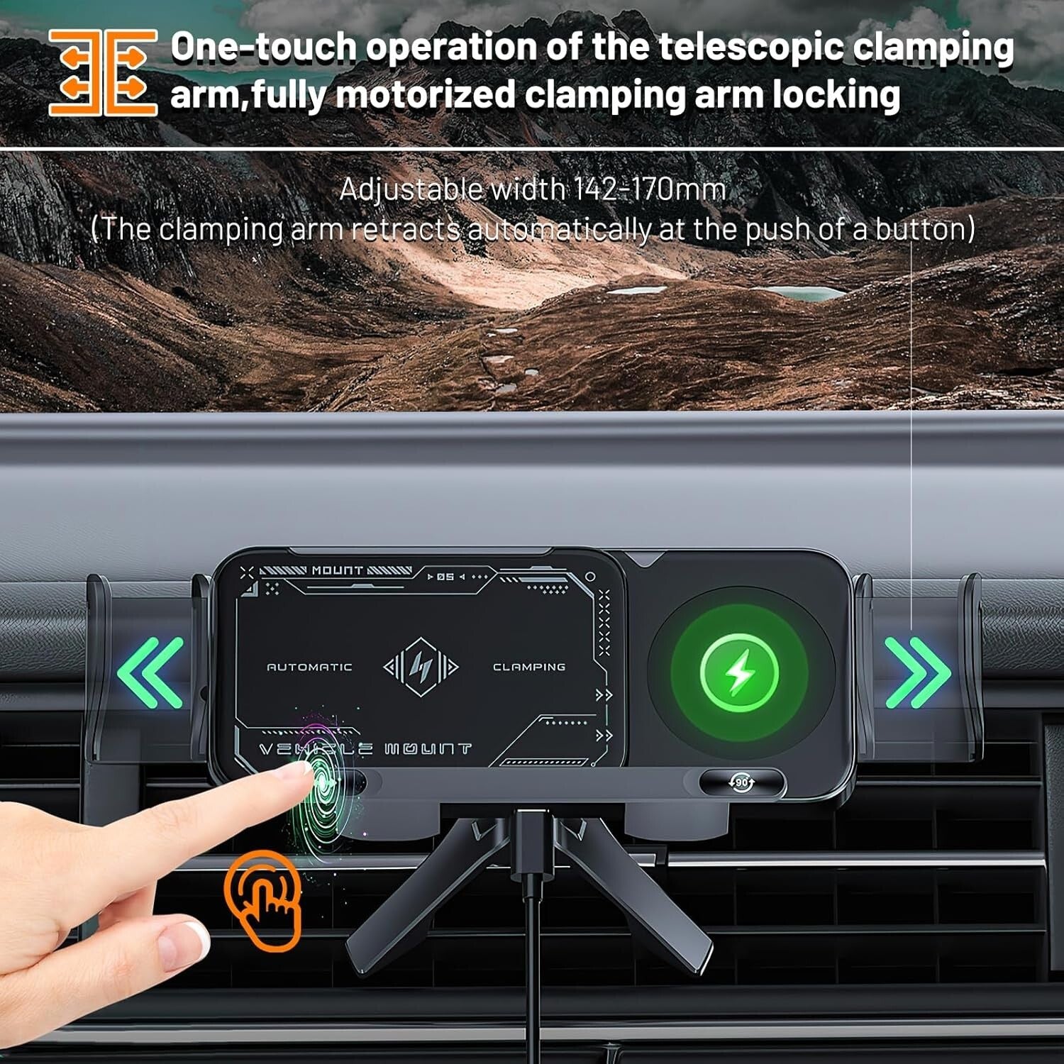 15W Wireless Car Charger and Auto Rotating Phone Holder - Magnetic Mount Black