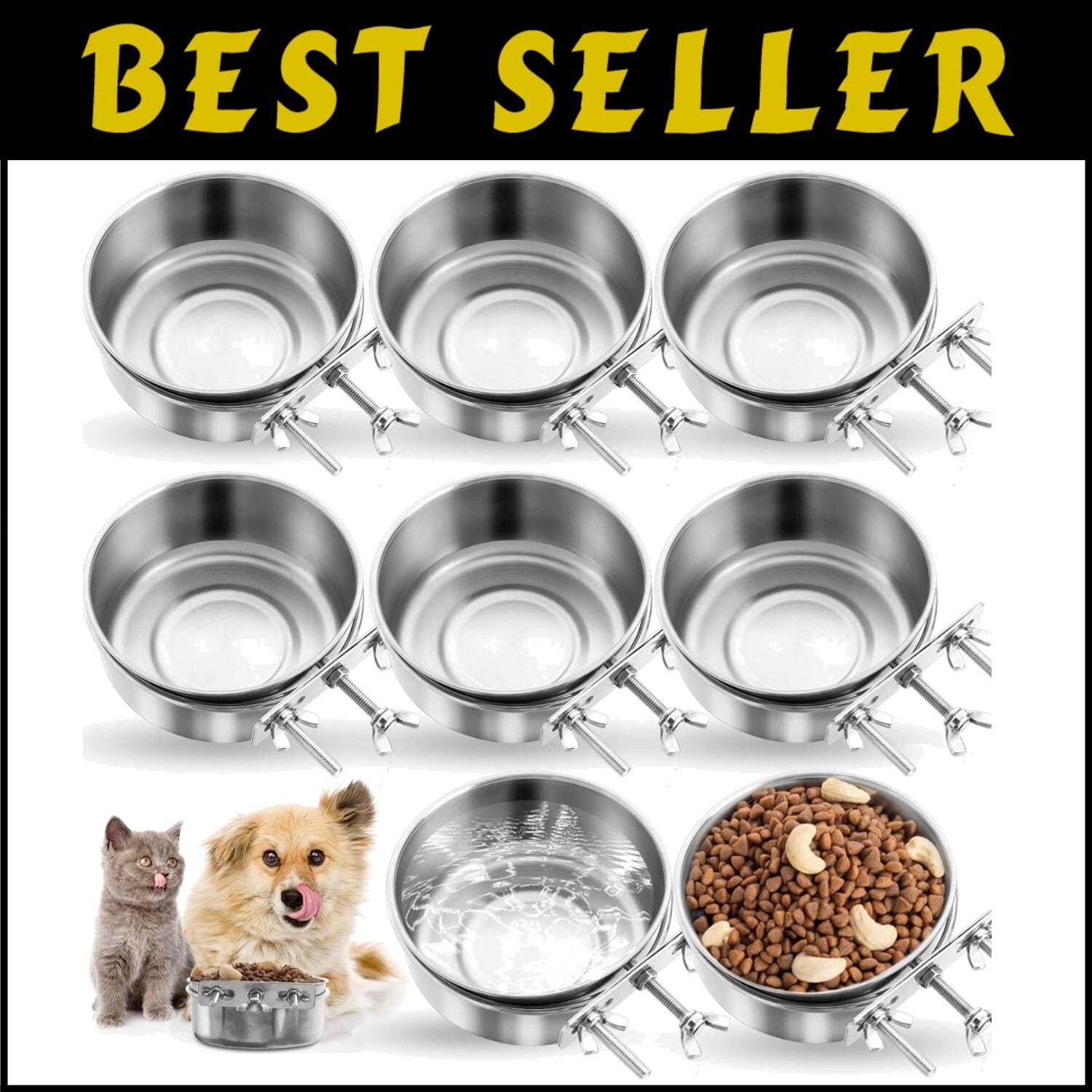 8-Pack Spill-Proof Stainless Steel Dog & Cat Bowls with Clamp for Kennels