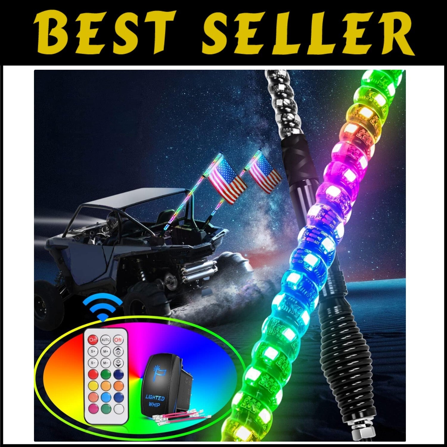 RGB 5FT Spiral LED Whip Light with RF Remote - Universal Fit for ATVs and UTVs
