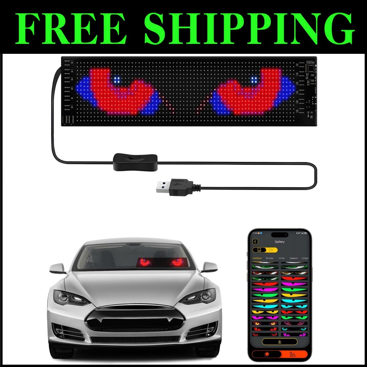 RGB Devil Eyes Light for Cars - 14x4 Flexible LED Animation with Remote Control