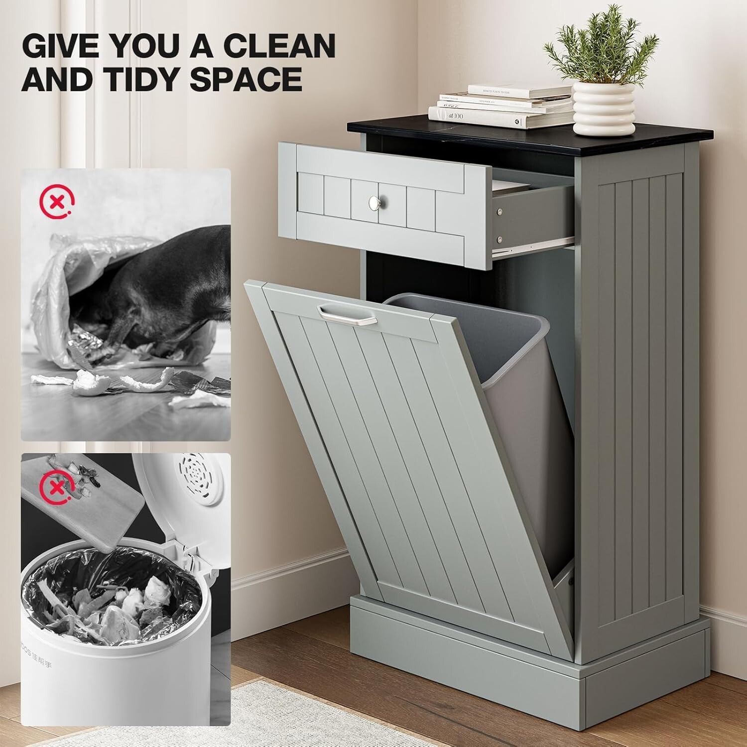 Elegant 10-Gallon Freestanding Wood Recycling Storage & Trash Cabinet in Gray