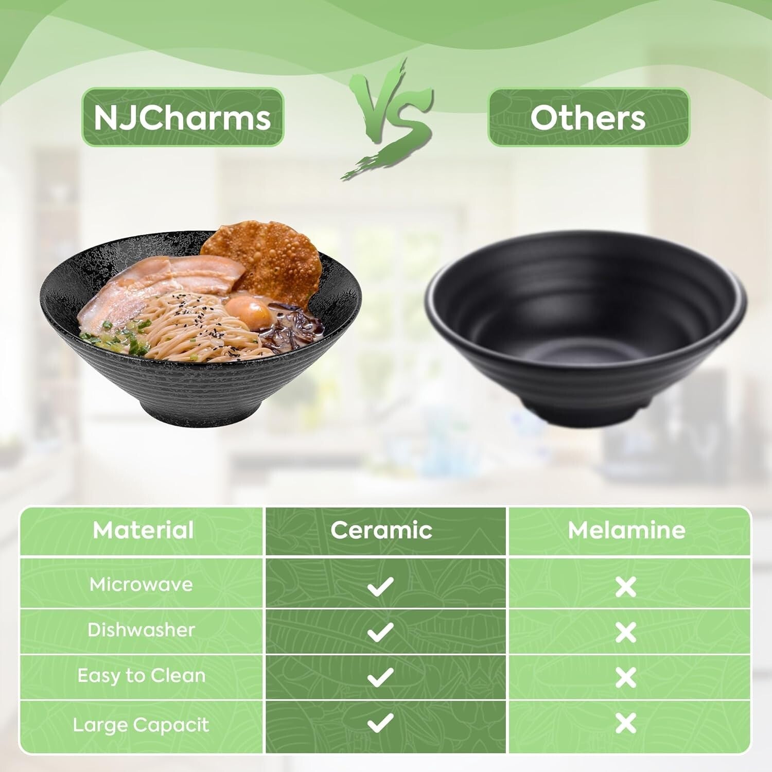 Authentic Japanese Ramen Bowl Set of 2 - 60 oz Ceramic with Spoons & Chopsticks