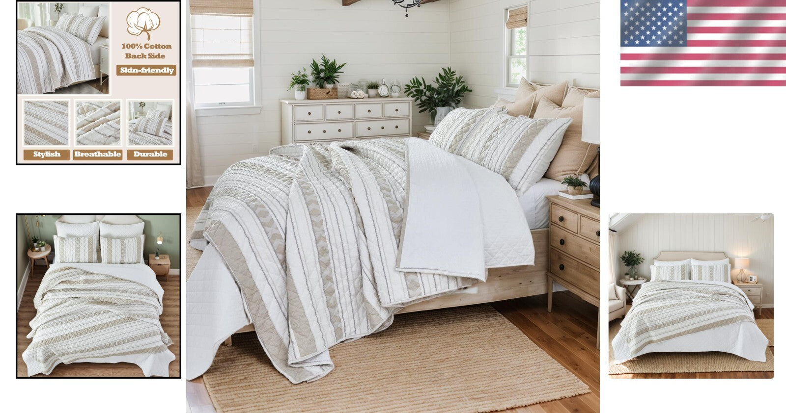 All-Season King Quilt Set with Matching Pillow Shams - Elegant Striped Design