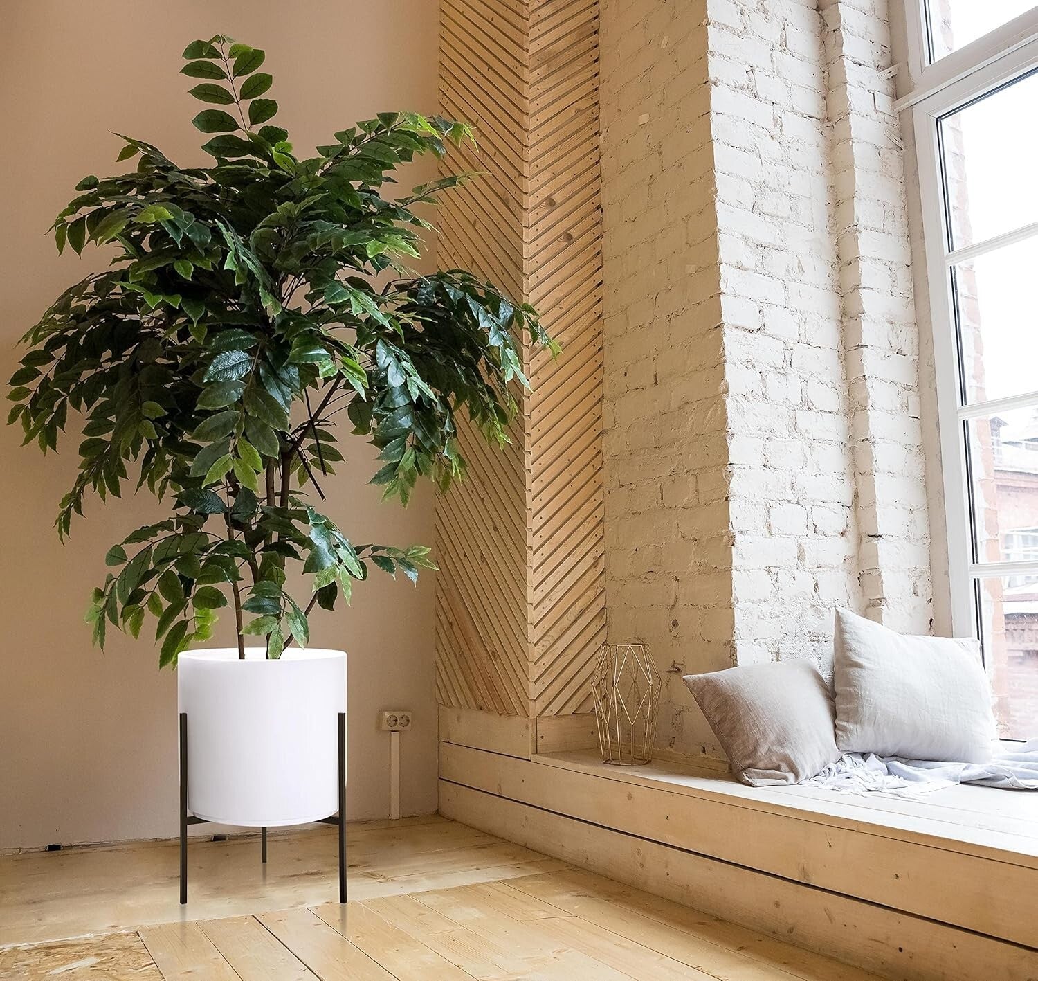 Stylish 16 Inch White Cylinder Plant Pot with Durable Metal Stand—Indoor/Outdoor