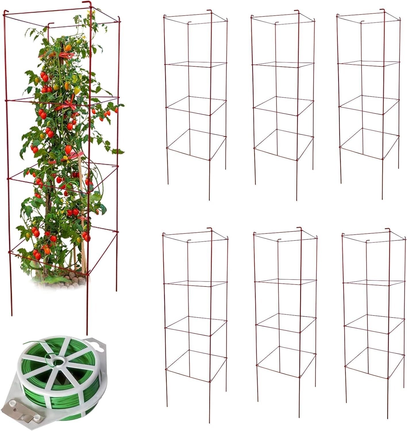Durable Tomato Cages 6 Pack with Twist Ties - 46” Red Plant Stand Support