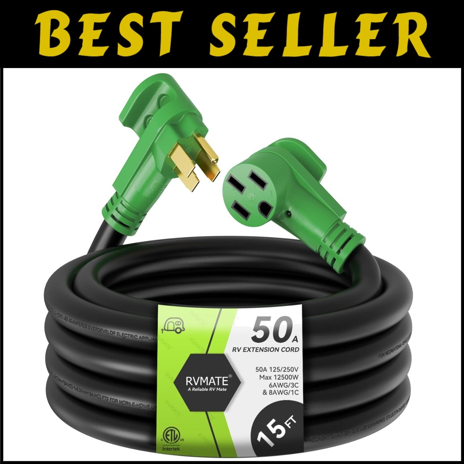 Flexible 50 Amp RV/EV Extension Cord with LED Power Indicator & Strap – 15 Ft