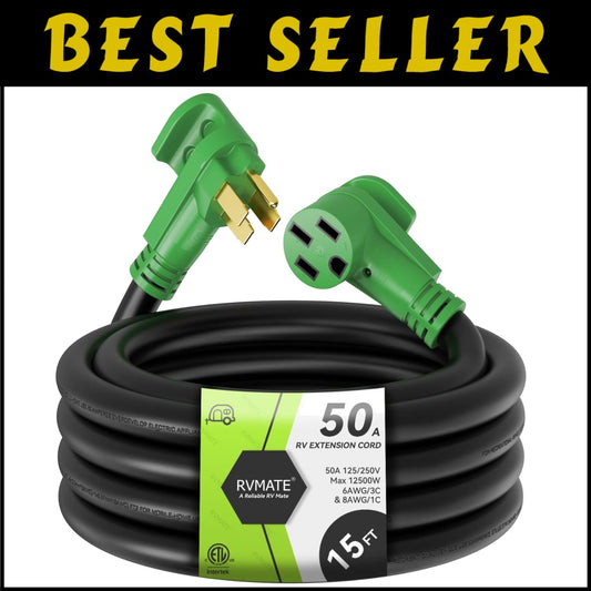 Flexible 50 Amp RV/EV Extension Cord with LED Power Indicator & Strap – 15 Ft
