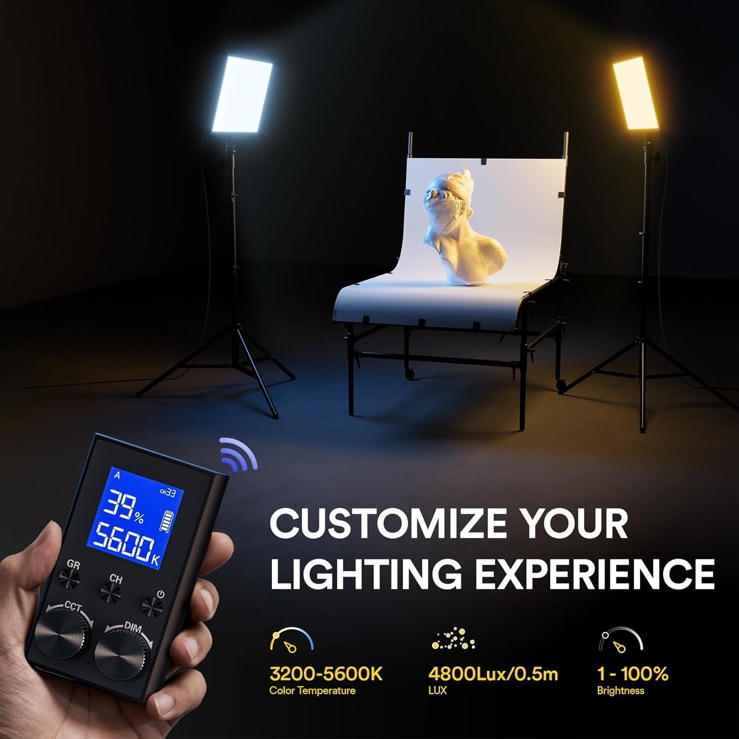 Adjustable LED Studio Lights with 45W Output, 18" Panel & Travel Bag for YouTube