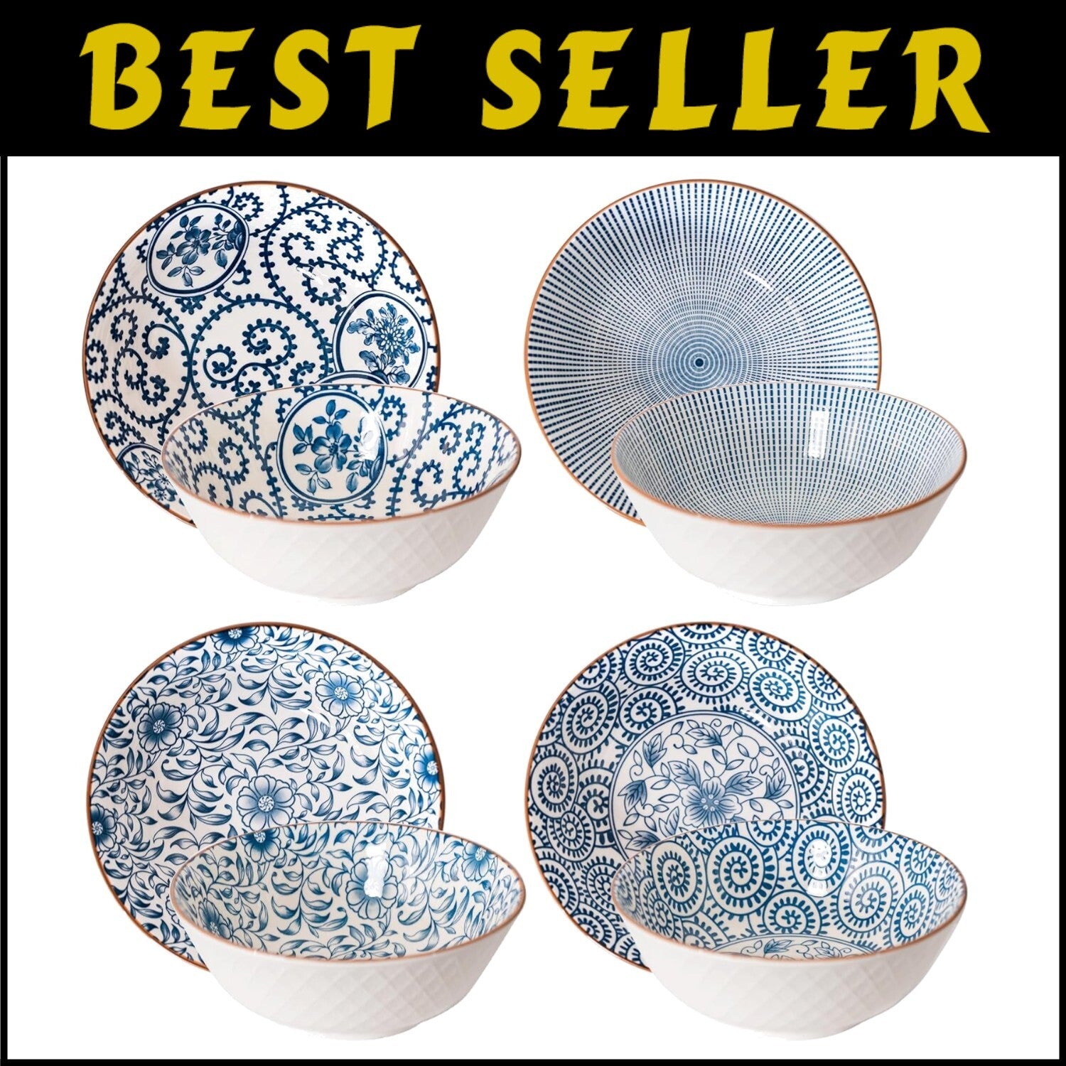 Elegant Ceramic 40 Oz Ramen Bowls Set of 4 - Blue and White Vintage Style