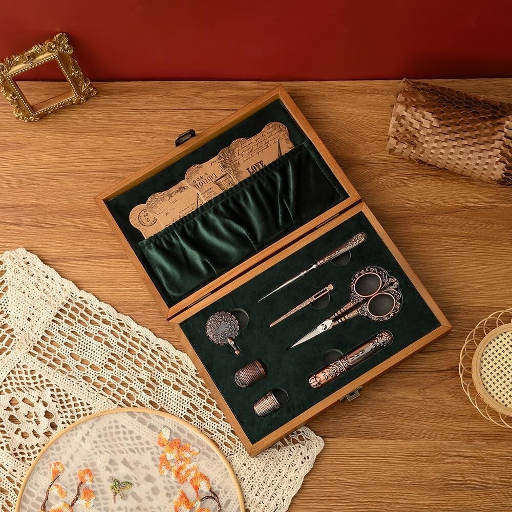 European Style Sewing Tools Set - Antique Scissors & Accessories in Wood Box