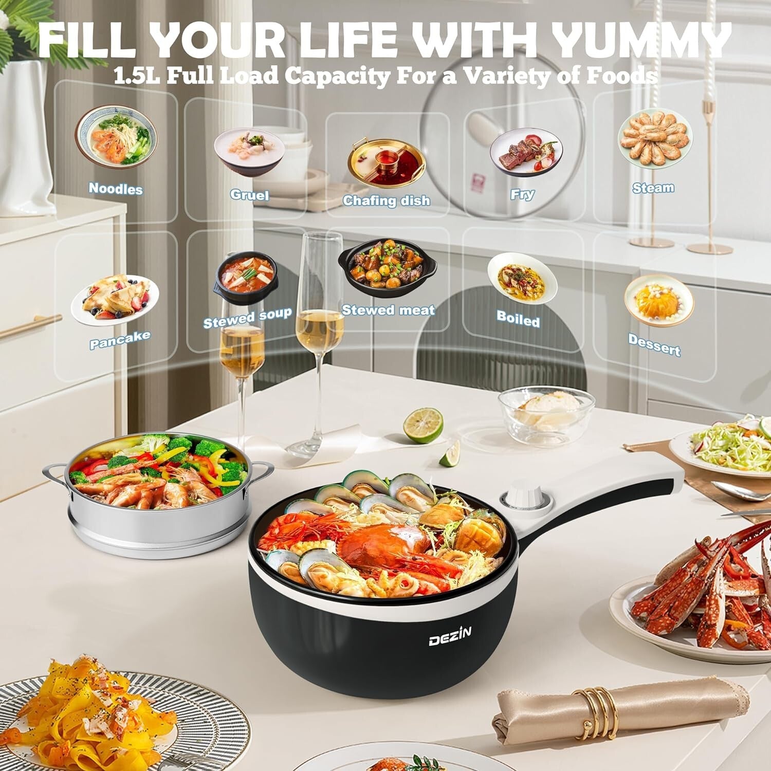 1.5L Portable Electric Hot Pot: Non-Stick Mini Sauté Pan with Power Control