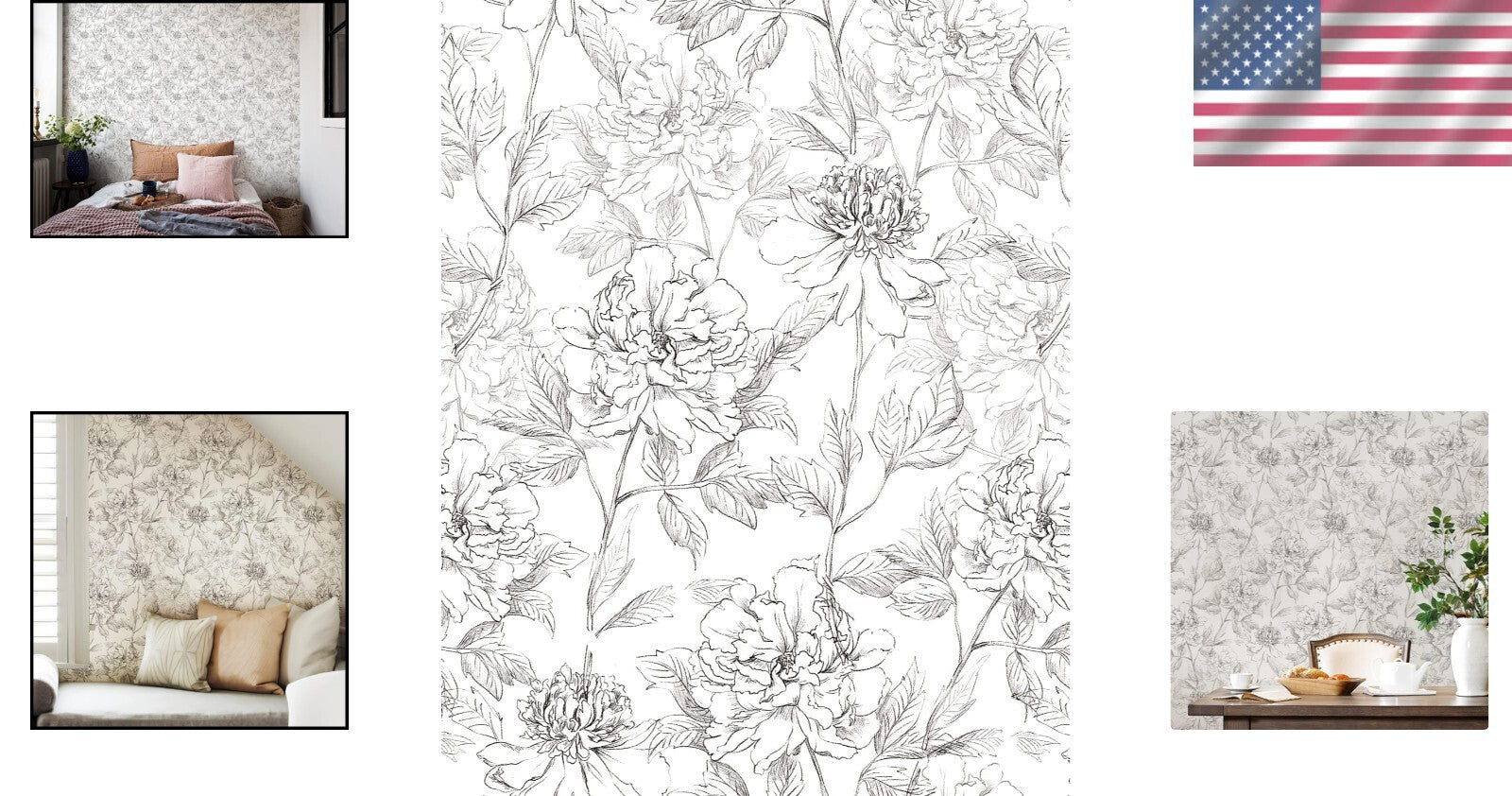 Removable Black and White Floral Wallpaper - Easy Install Peonies Design 43 SQFT