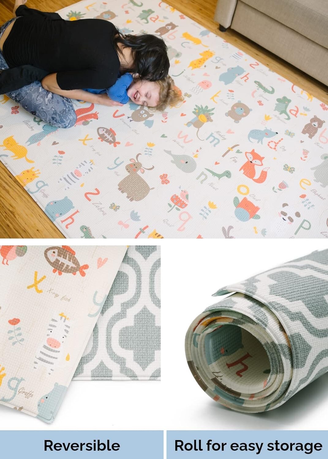 Large Moroccan Blue Play Mat: Eco-Friendly Reversible & Waterproof for Kids