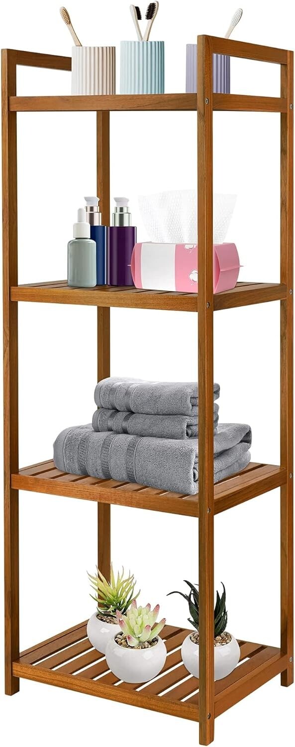 Elegant Freestanding Teak 4-Tier Bathroom and Kitchen Shelf - Easy Assembly