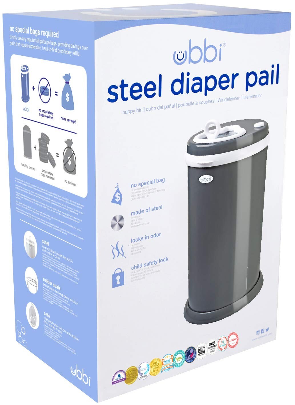 Award-Winning Slate Steel Diaper Pail - Odor Locking & No Special Bags Needed
