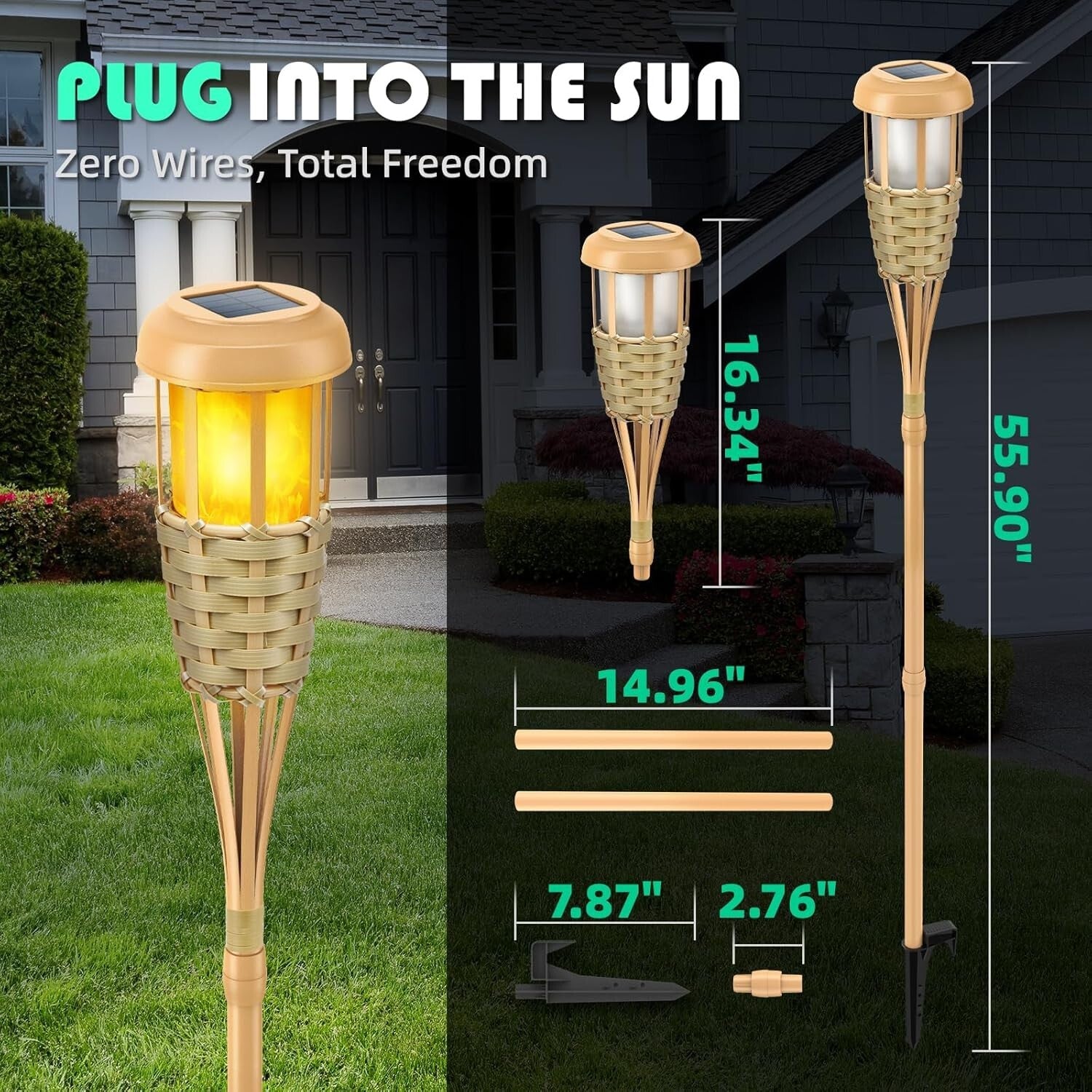 6 Pack Solar Outdoor Torch Lights with Flickering Flame - Adjustable Height
